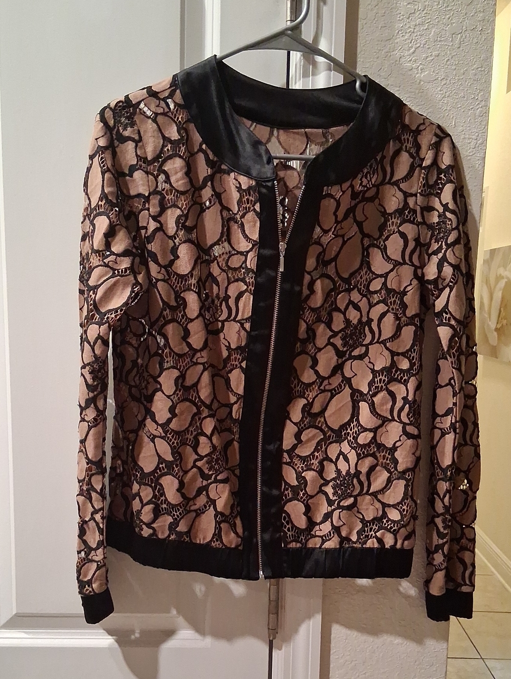 Women's Black & Beige Lace Bomber Jacket